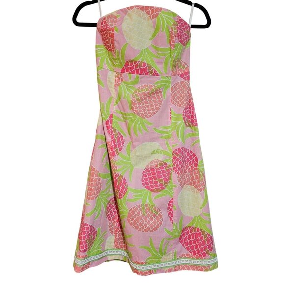 Lilly Pulitzer Strapless Pink & Green Pineapple Print Dress Spring Pastel Preppy - Picture 1 of 15